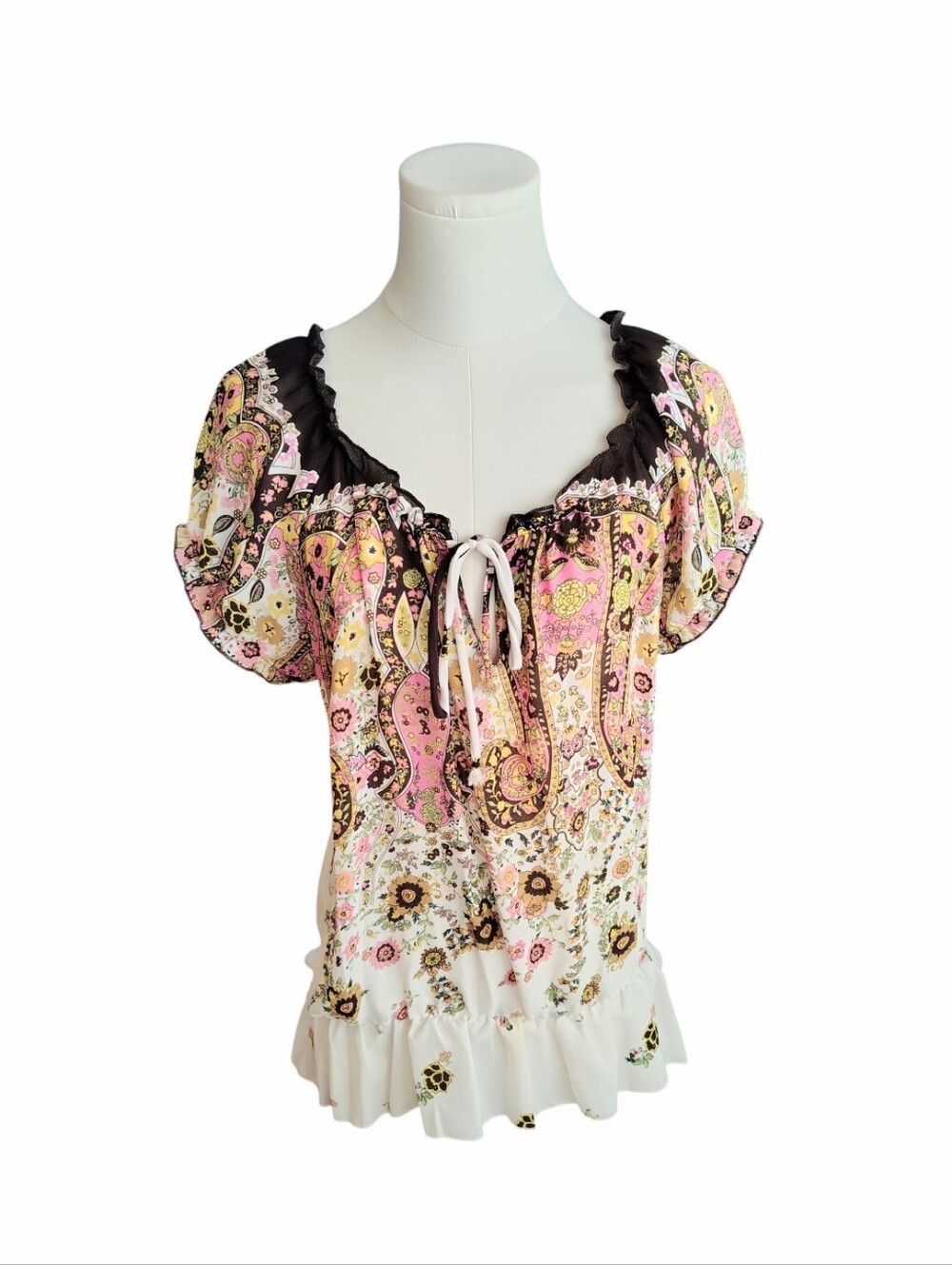 Chenault Sheer Paisley Floral Pink and Brown Ruffled Peplum Blouse Size Small